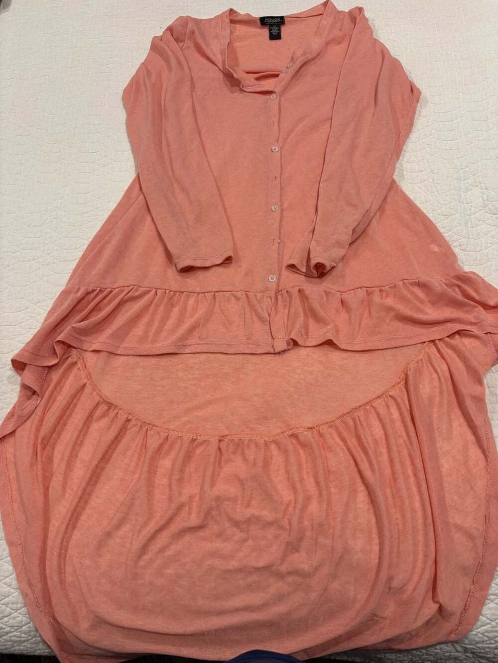 Rouge Collection Women’s 3X Coral Button Front Ruffle Hem Tunic Top
